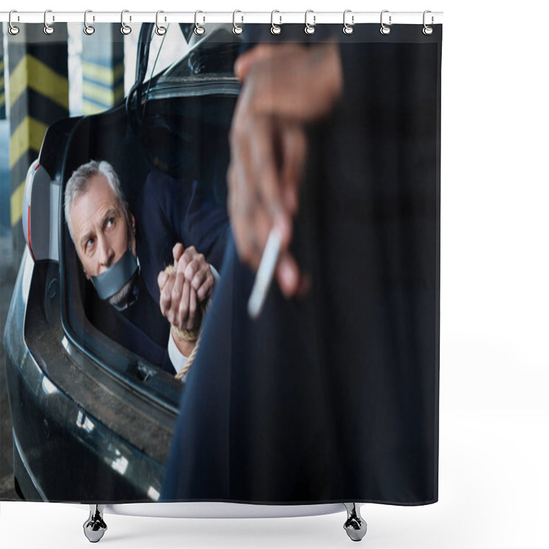 Personality  Sad Angry Businessman Looking At His Kidnapper Shower Curtains