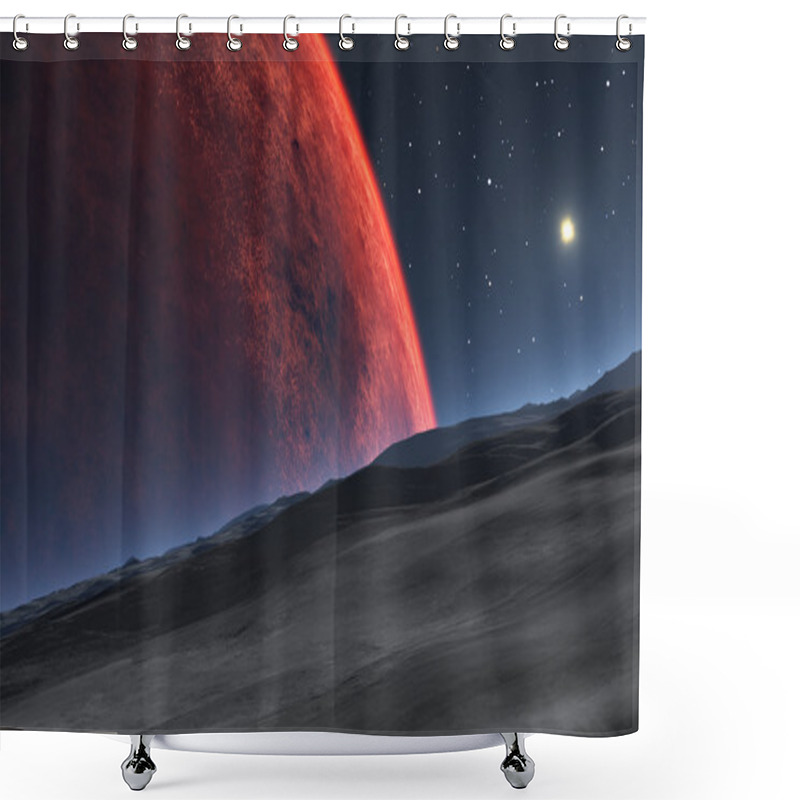 Personality  Deimos With The Red Planet Mars In The Background Shower Curtains