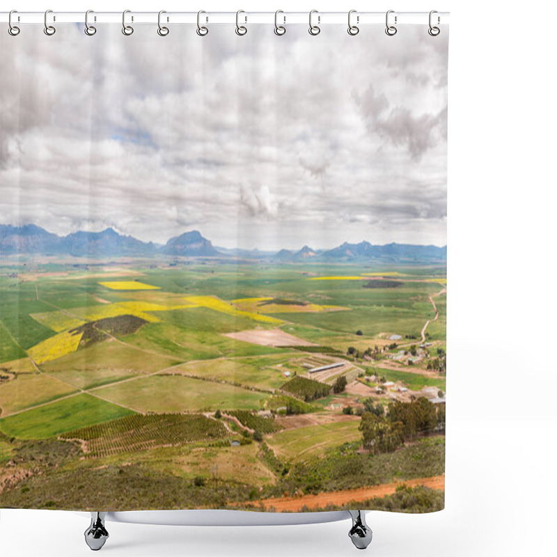 Personality  CITRUSDAL, SOUTH AFRICA, AUGUST 22, 2018: A Farm Landscape As Seen From The Piekenierskloof Pass Between Piketberg And Citrusdal In The Western Cape Province. Farm Buildings, Canola And Corn Fields Are Visible Shower Curtains