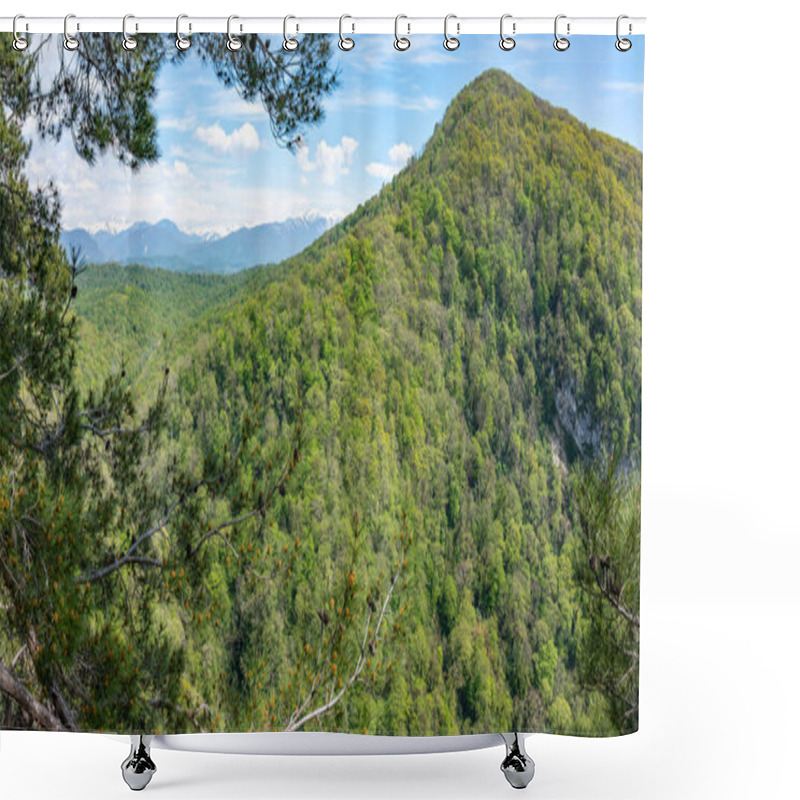 Personality  Mountain Overgrown With Thick Green Forest. Snow Capped Mountains Visible On The Horizon Shower Curtains