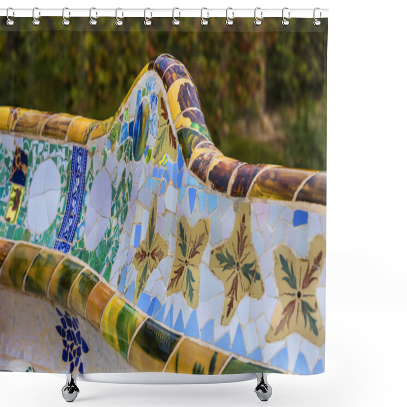 Personality  BARCELONA, SPAIN - 13 JANUARY 2018: Elements Of Mosaic Fragments Gaudi's Mosaic Work In Park Guell In Winter In The City Of Barcelona. Shower Curtains