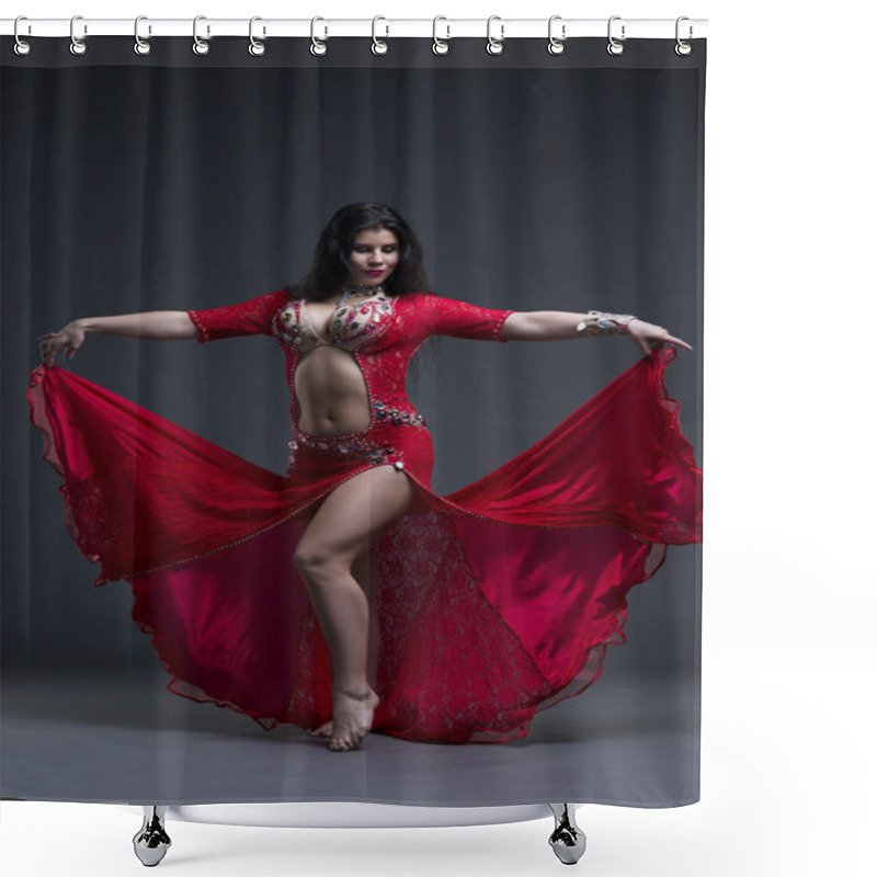 Personality  Young Beautiful Exotic Eastern Women Performs Belly Dance In Ethnic Red Dress On Gray Background Shower Curtains