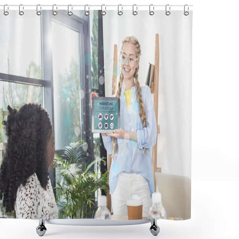 Personality  Businesswoman Showing Tablet To Colleague Shower Curtains