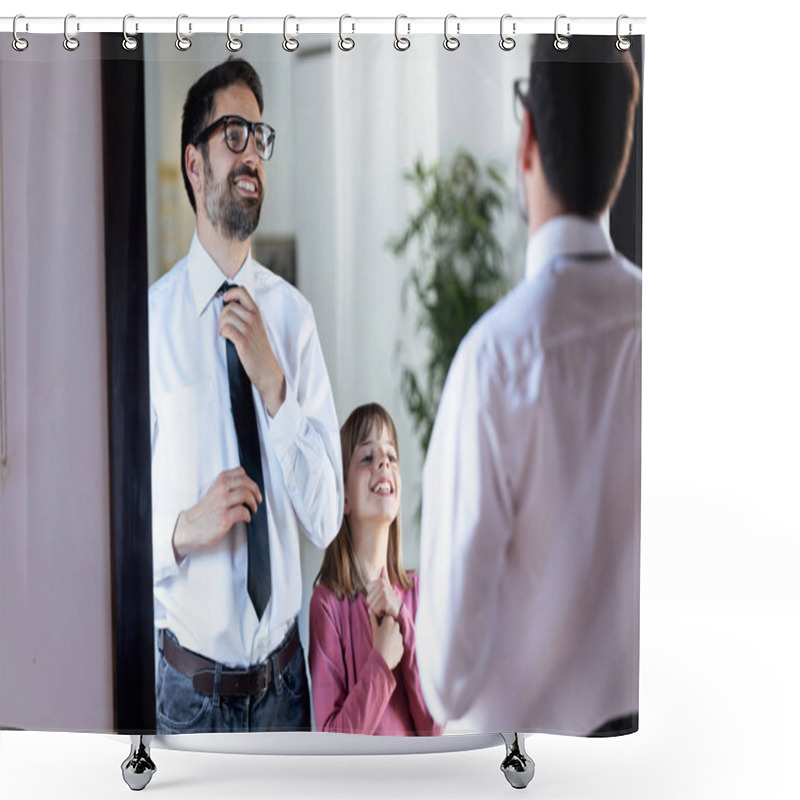 Personality  Handsome Young Father Fixing His Tie In Front Of The Mirror And His Pretty Daughter Copying It At Home. Shower Curtains