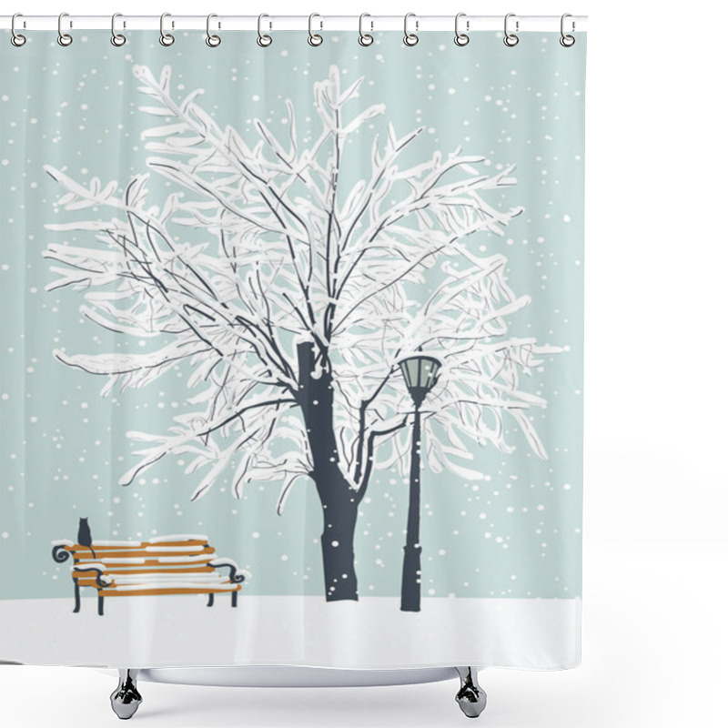 Personality  Vector Winter Landscape With A Lonely Cat On A Bench In The Park Under A Snow-covered Tree. Snowy Winter Illustration Shower Curtains