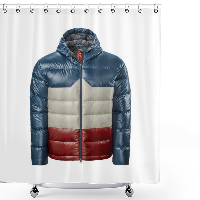 Personality  Men's Blue With Red And Ivory Hooded Warm Sport Puffer Jacket Isolated Over White Background. Ghost Mannequin Photography Shower Curtains