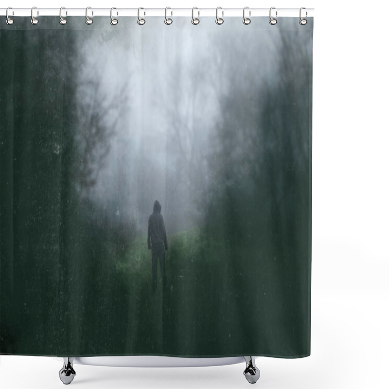 Personality  A Spooky Hooded Figure Standing On A Path In A Forest. With A Blurred, Vintage Abstract Edit Shower Curtains