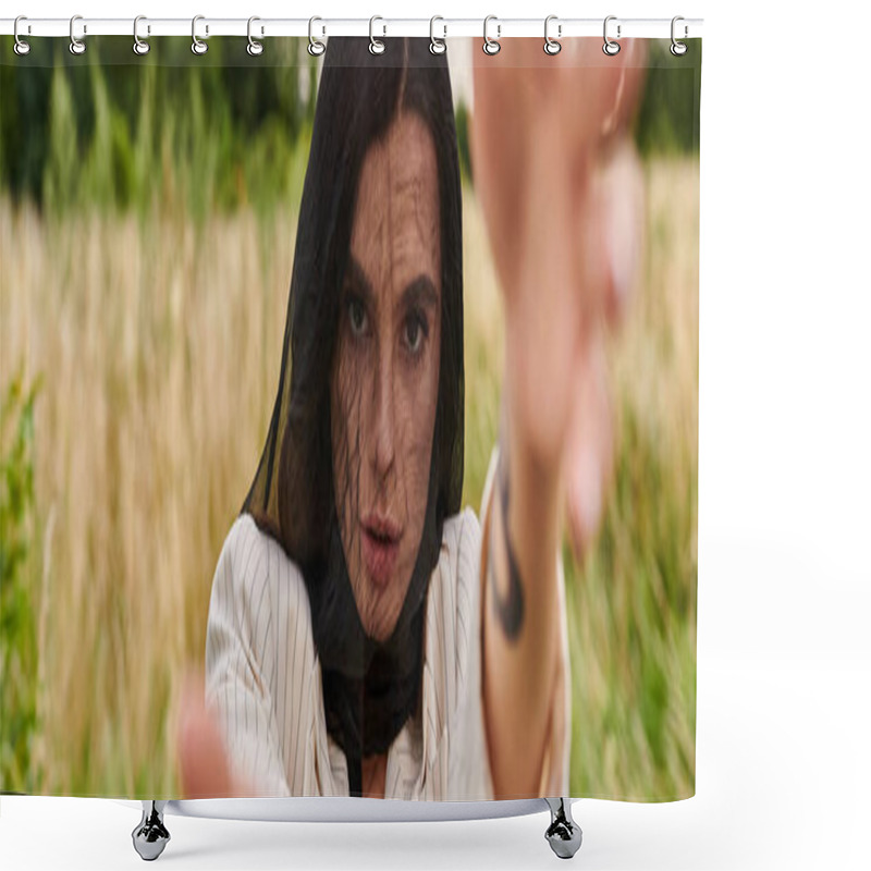 Personality  A Woman In A White Shirt And Black Veil, Soaking In The Gentle Summer Breeze In A Field Of Nature. Shower Curtains