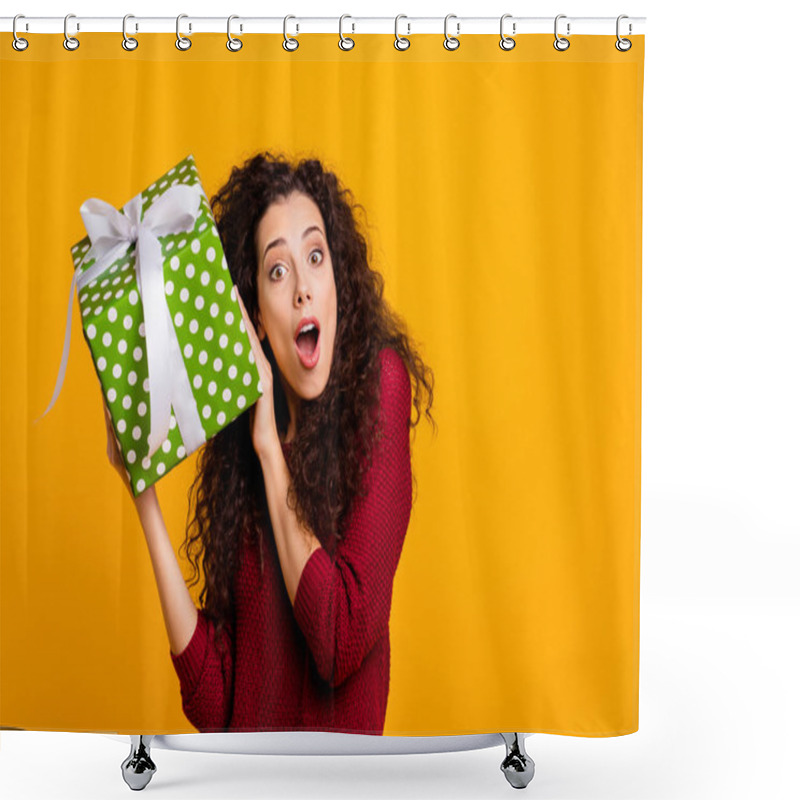 Personality  Close Up Photo Beautiful Cheerful Amazing Her She Lady Hold Large Package Amazed Wonder Maybe Cat Dog Pet Inside Wearing Red Knitted Sweater Pullover Clothes Outfit Isolated Yellow Background Shower Curtains