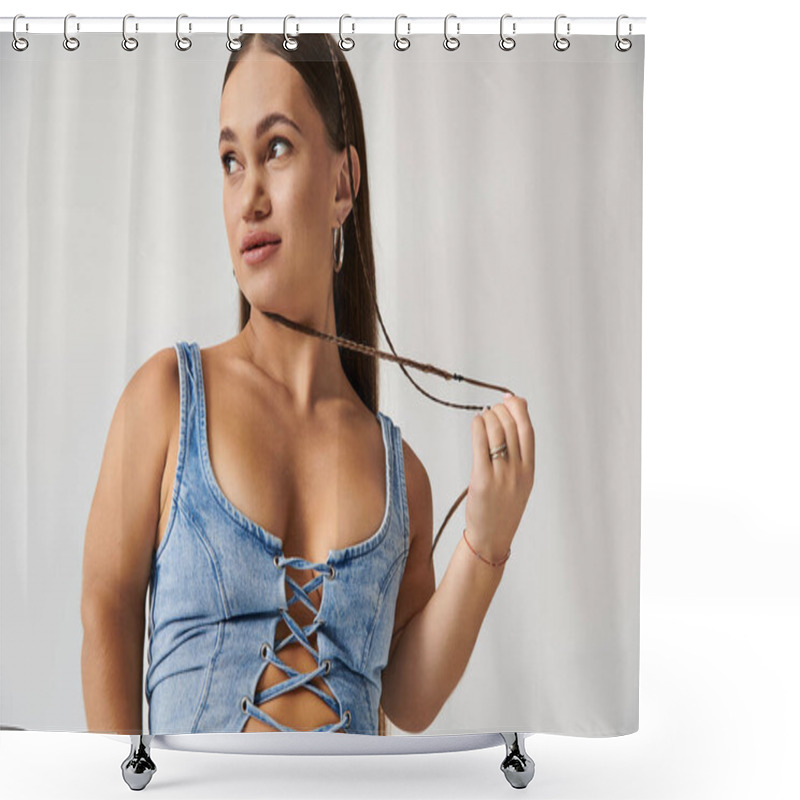 Personality  In A Studio Setting, A Young Woman Showcases Trendy Denim Clothing With Confidence And Pride. Shower Curtains