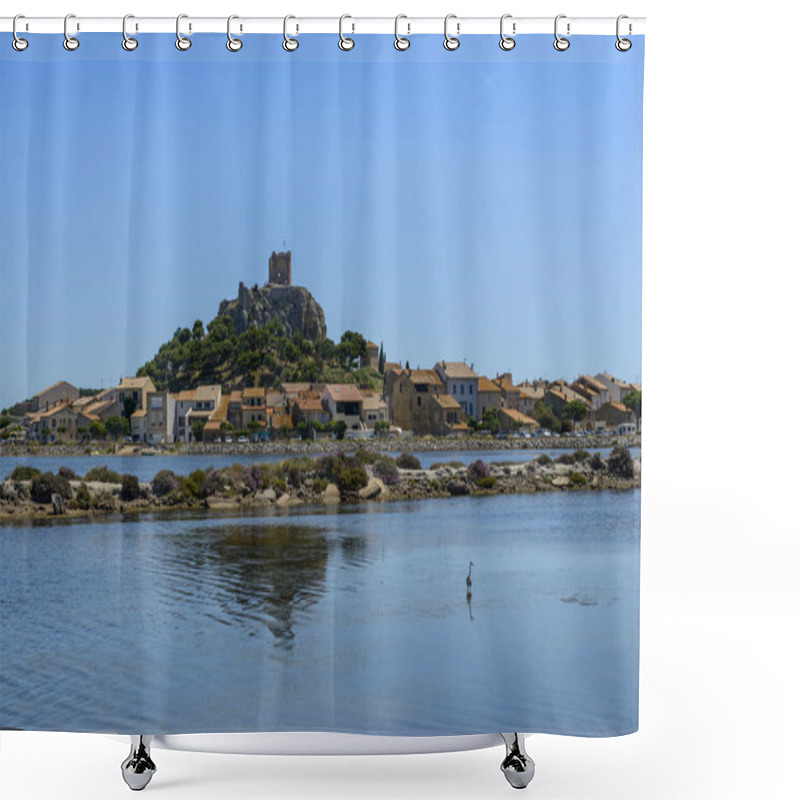 Personality  The Ponds And The Old Gruissan And The Barberousse Tower In The Background, In Aude In Occitanie, France Shower Curtains