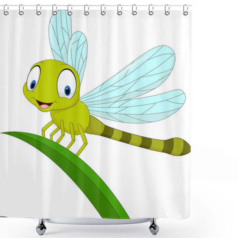 Personality  Vector Illustration Of Cartoon Funny Dragonfly On Leaf Shower Curtains