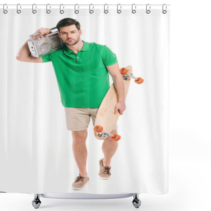 Personality  Young Man Holding Skateboard And Tape Recorder And Looking At Camera Isolated On White  Shower Curtains