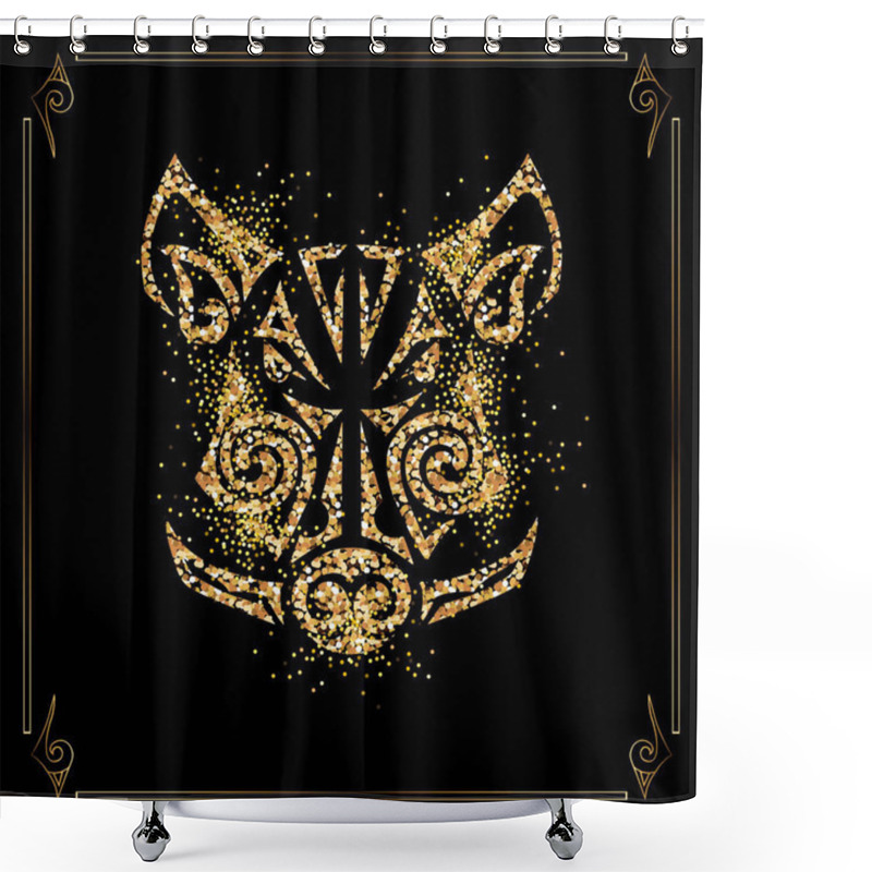 Personality  Golden Boar, Pig Head Isolated On Black Background. Symbol Of Chinese 2019 New Year. Vector Illustration. Stylized Maori Face Tattoo. Shower Curtains