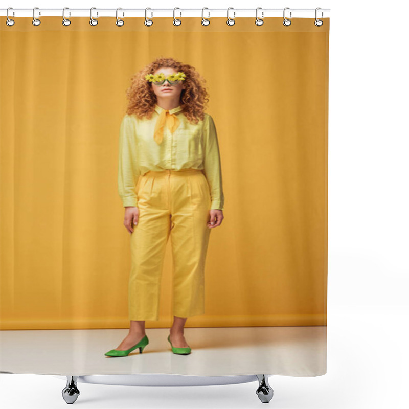 Personality  Curly Redhead Woman In Sunglasses With Flowers Posing On Yellow  Shower Curtains