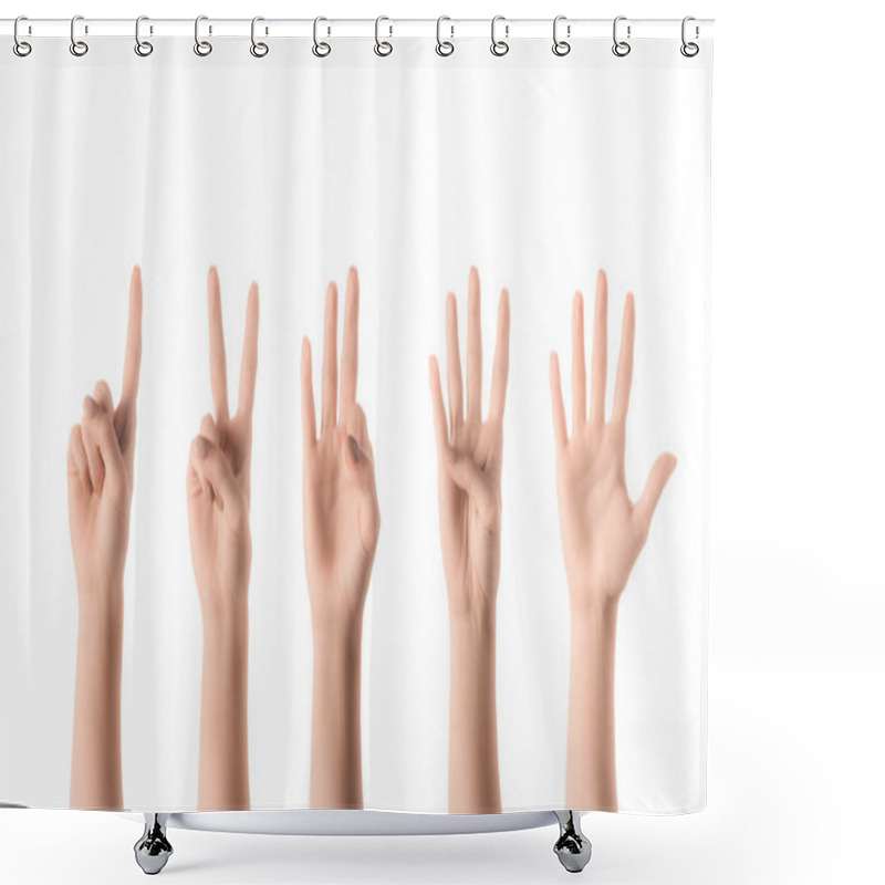 Personality  Collage Of Woman Showing Numbers With Hands Isolated On White Shower Curtains