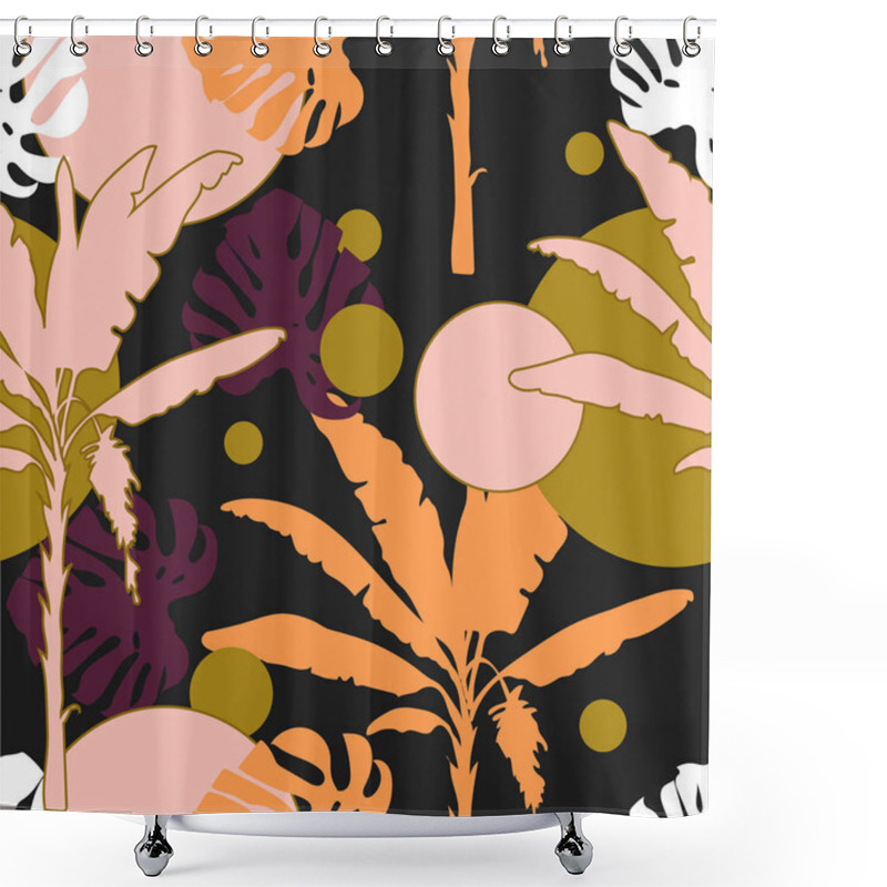 Personality  Seamless Hand Drawn Botanical Exotic Vector Pattern With Silhouette Palm Trees And Leaves On Dark Background. Shower Curtains