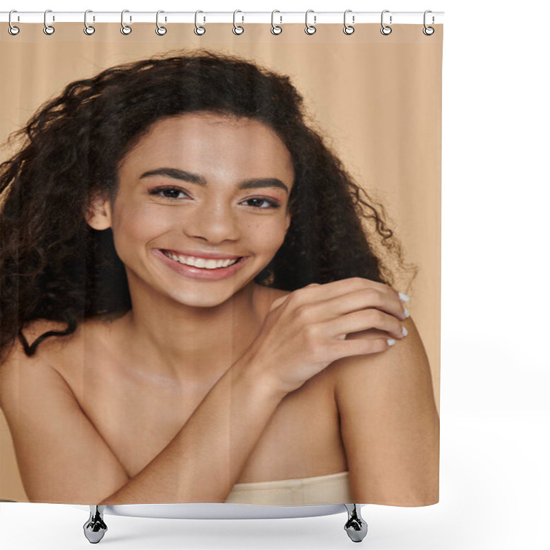 Personality  A Young Woman With Beautiful Curly Hair Smiles Confidently With Minimal Makeup. Shower Curtains