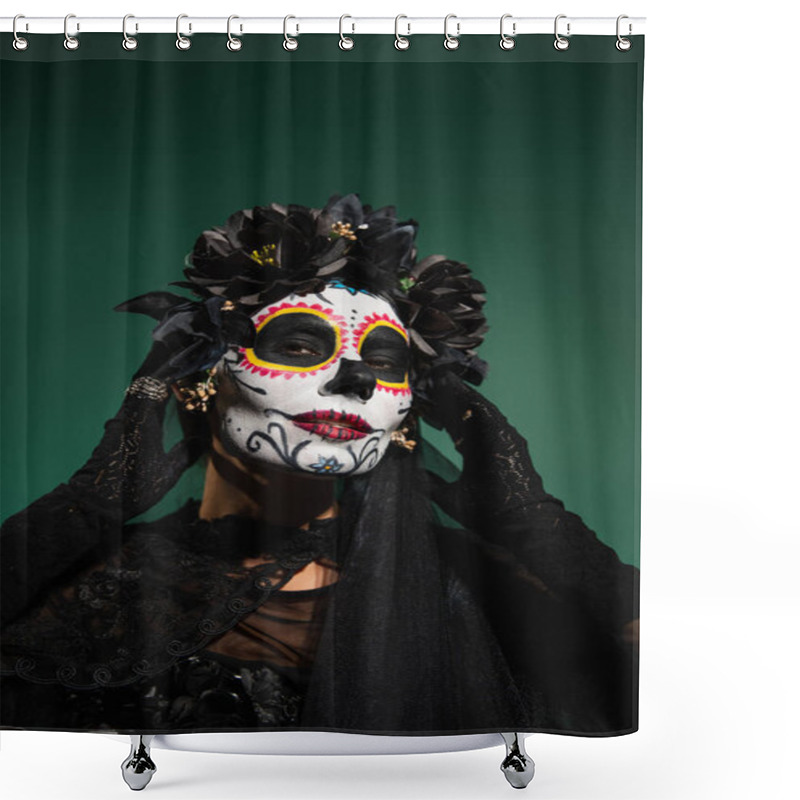 Personality  Woman With Sugar Scull Halloween Makeup Touching Face Isolated On Green  Shower Curtains