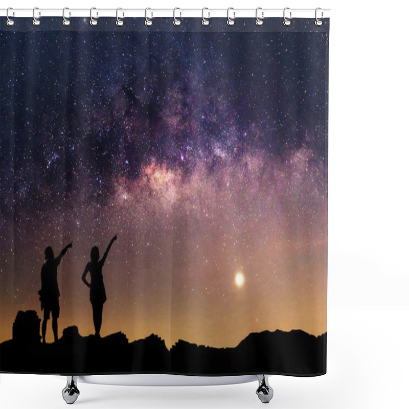 Personality  Star-catcher. A Person Is Standing Next To The Milky Way Galaxy  Shower Curtains