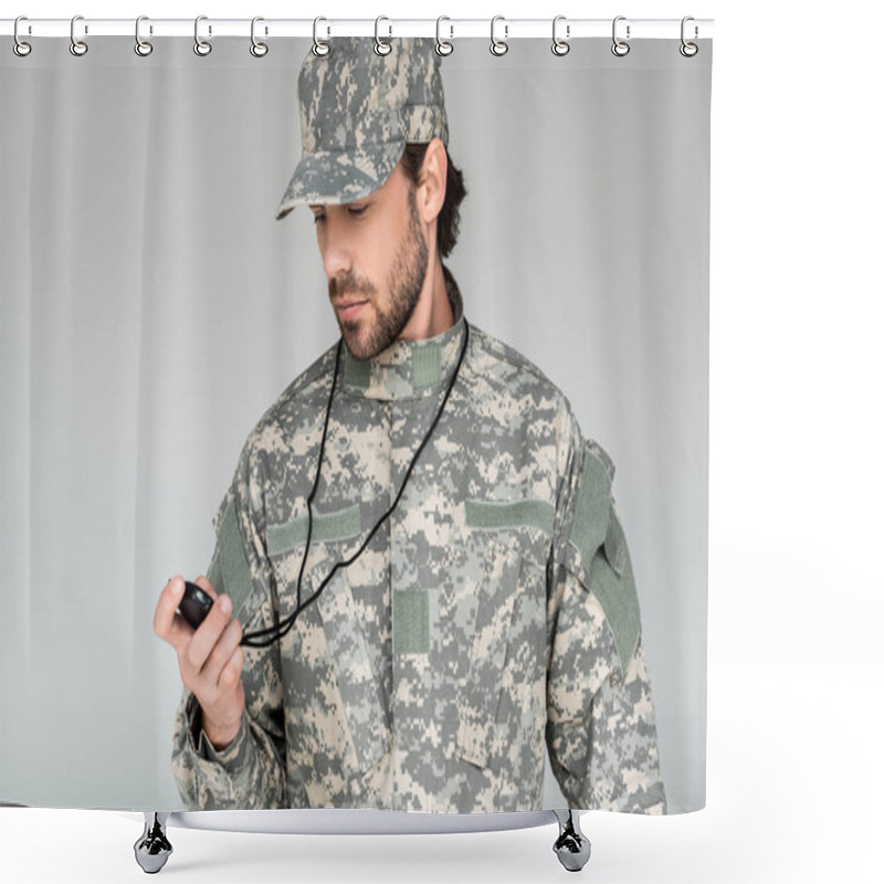 Personality  Portrait Of Soldier In Military Uniform With Stop Watch Isolated On Grey Shower Curtains