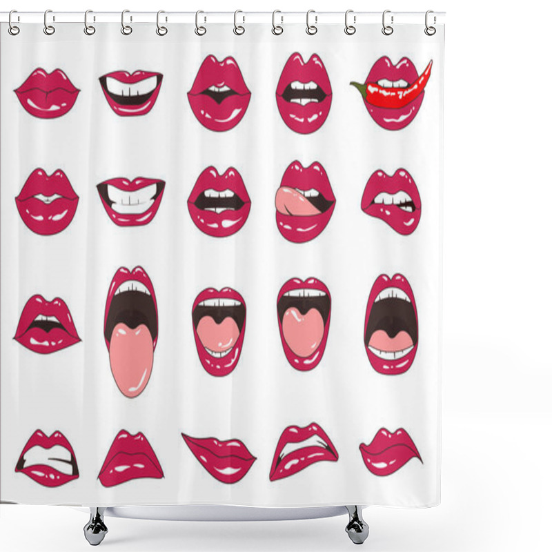 Personality  Lips Patch Collection. Vector Illustration Of Sexy Doodle Woman Lips Expressing Different Emotions, Such As Smile, Kiss, Half-open Mouth, Biting Lip, Lip Licking, Tongue Out. Isolated On White. Shower Curtains