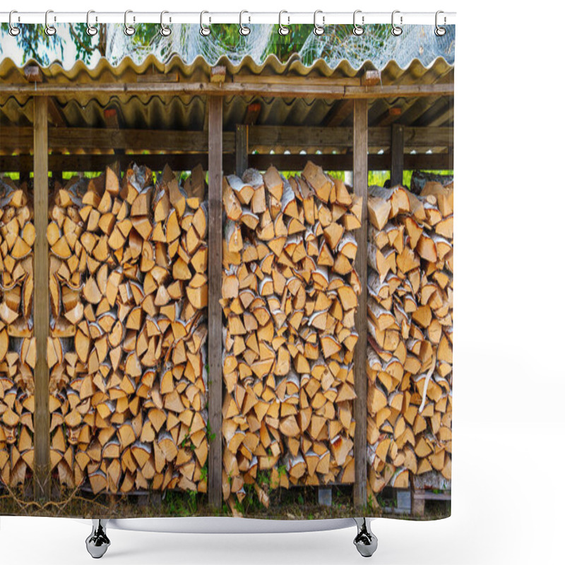 Personality  Cozy Rustic Barn Interior Filled With Firewood For Winter Heating Stockpile. Warm And Inviting Space With Neatly Stacked Firewood, Perfect For A Cozy Winter Or Rustic Living Concept. Shower Curtains