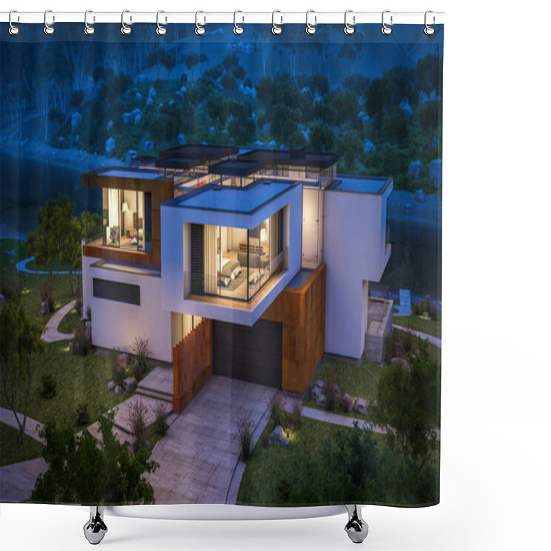 Personality  3d Rendering Of Modern House By The River At Night Shower Curtains