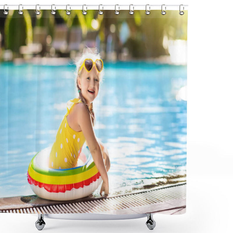 Personality  Child With Goggles In Swimming Pool. Little Girl Learning To Swim And Dive In Outdoor Pool Of Tropical Resort. Swimming With Kids. Healthy Sport Activity For Children. Sun Protection. Water Fun. Shower Curtains