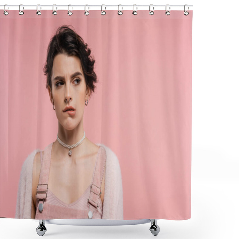 Personality  Offended Woman In Pearl Necklace Biting Lip And Looking Away Isolated On Pink Shower Curtains