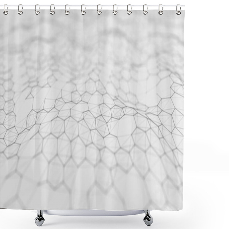 Personality  Futuristic White Hexagon Background. Futuristic Honeycomb Concept. Wave Of Particles. 3D Rendering. Shower Curtains