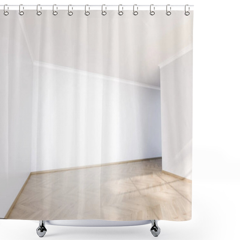 Personality  Bright And Spacious Empty Room Features Polished Wooden Flooring And White Walls, Offering A Clean Canvas For Future Decoration And Personal Touches. Natural Light Enhances The Openness. 3d Render Shower Curtains