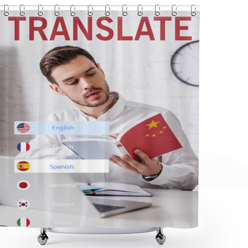 Personality  Young Interpreter Working With Chinese Dictionary, Different Languages Icons Illustration Shower Curtains