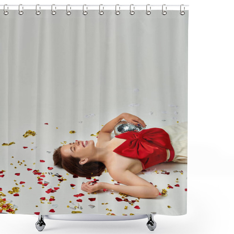 Personality  New Year Party, Excited Young Woman With Disco Ball Lying On Floor Near Confetti On Grey Backdrop Shower Curtains