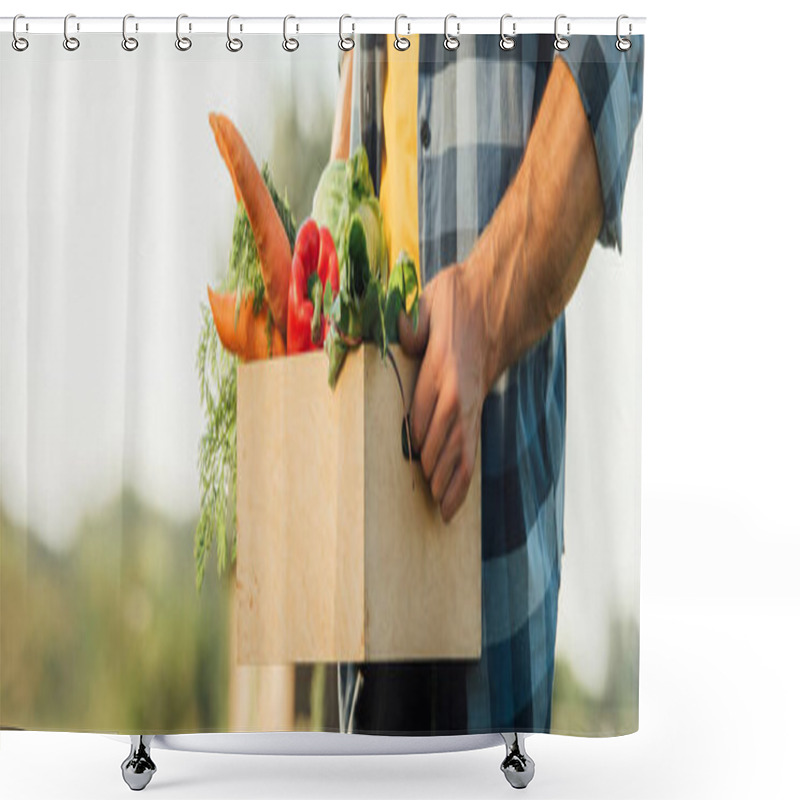 Personality  Cropped View Of Rancher In Plaid Shirt Holding Box Full Of Fresh Vegetables, Website Header Shower Curtains