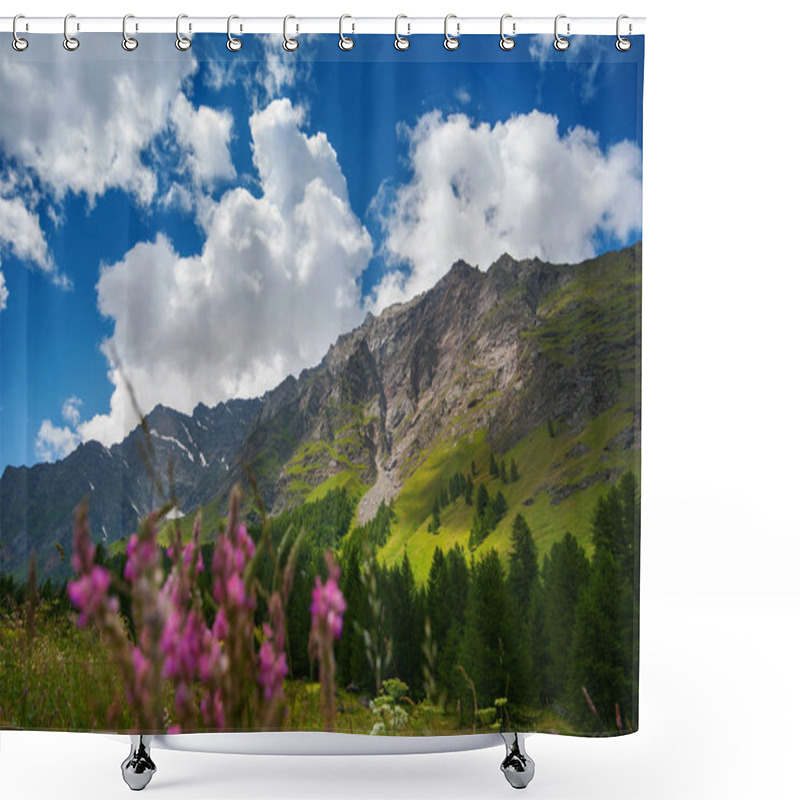 Personality  Panorama Picture Of A Mountain Landscape With Alpine Flowers Shower Curtains