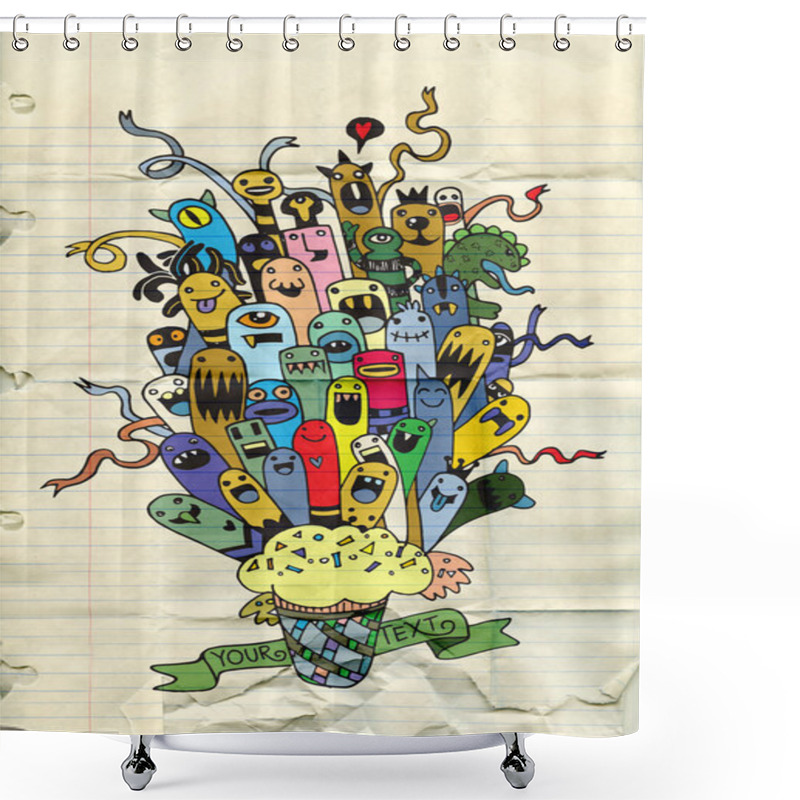 Personality  Hand Drawn Aliens And Monsters Cartoon Doodle Shower Curtains