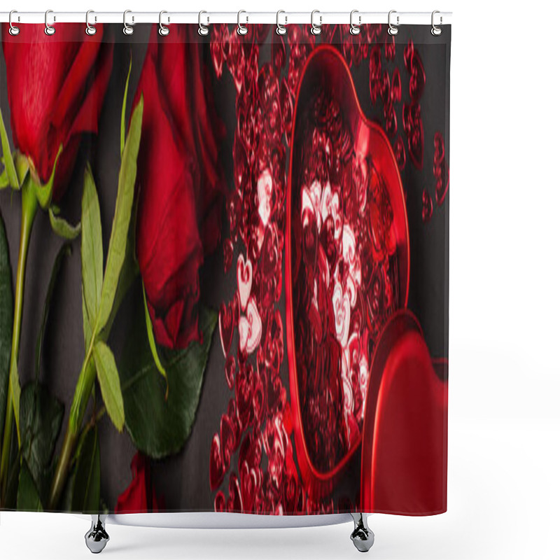 Personality  Top View Of Red Roses Near Metallic Heart-shaped Box And Shiny Confetti On Black, Banner Shower Curtains