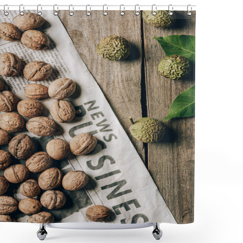 Personality  Top View Of Brown And Green Walnuts And Business Newspaper On Wooden Table  Shower Curtains