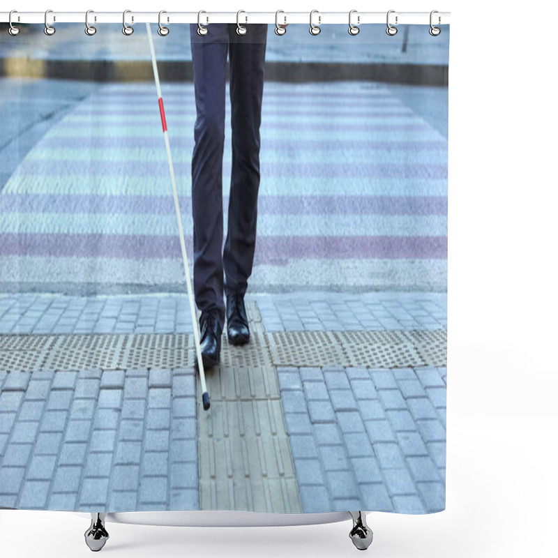 Personality  Visually Impaired Man Using Tactile Tiles To Navigate City, Finishing Crossroad Shower Curtains