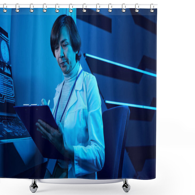 Personality  Futuristic Expertise: Senior Woman Scientist Records Data In Future Science Center Shower Curtains