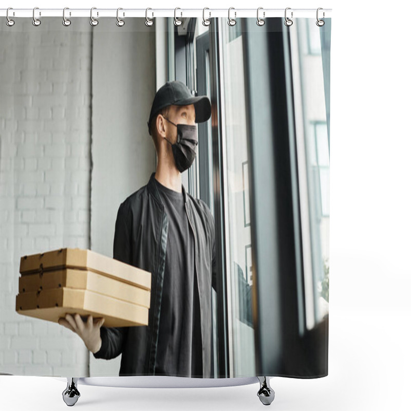 Personality  A Delivery Man Wearing A Black Medical Mask Carries Multiple Food Boxes Into A Modern Office Building. Shower Curtains