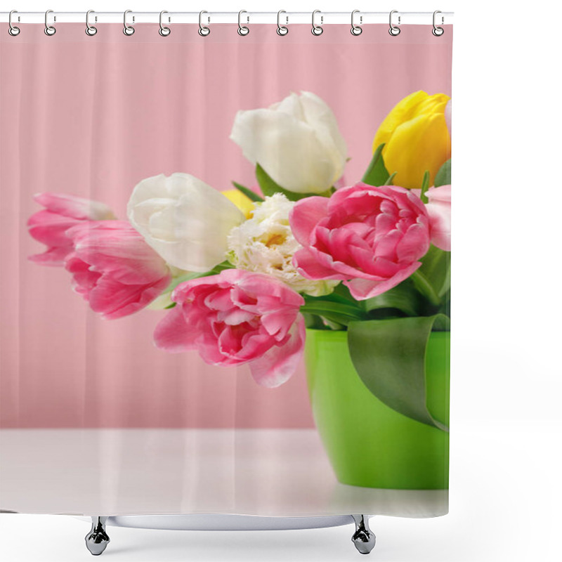 Personality  Tender Blooming Tulips In Vase On Pink Background Shower Curtains