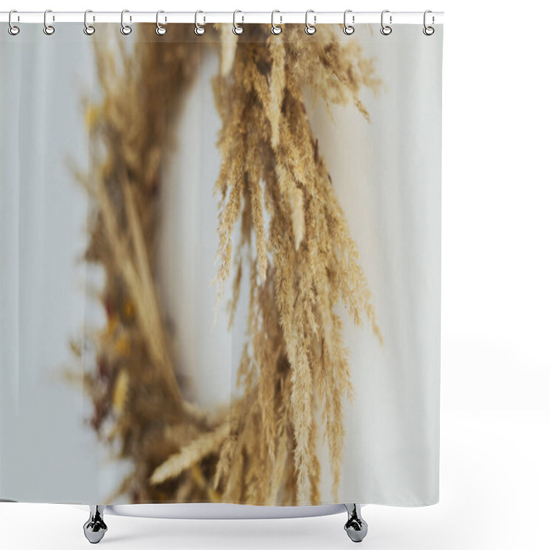 Personality  Creative Boho Wreath With Dried Pampas Grass, Wildflowers, Wheat,  On White Wall. Stylish Autumn Rustic Wreath, Details Close Up. Hello Fall. Happy Thanksgiving. Space For Text Shower Curtains