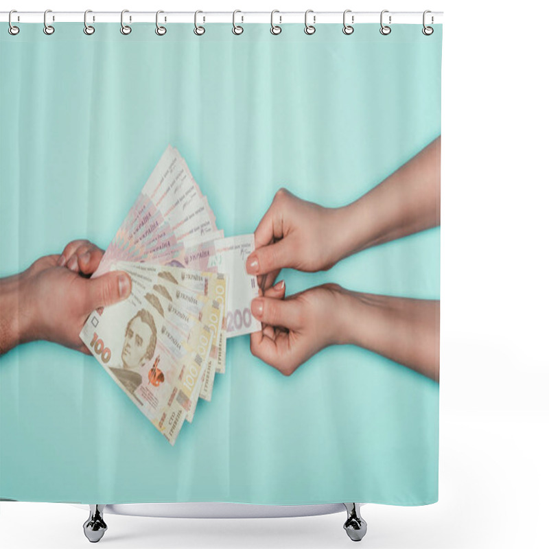 Personality  Cropped Shot Of Woman Taking Money From Man Isolated On Turquoise Shower Curtains