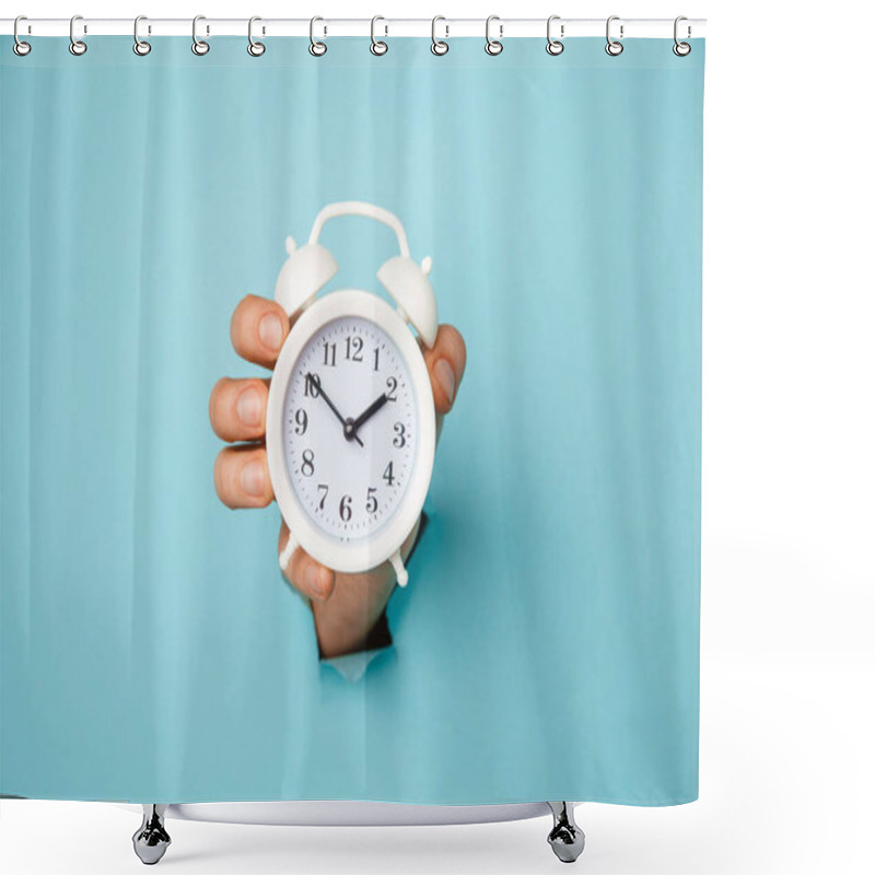 Personality  Hand Holds Alarm Clock Through A Blue Paper Hole. Time Management And Deadline Concept Shower Curtains