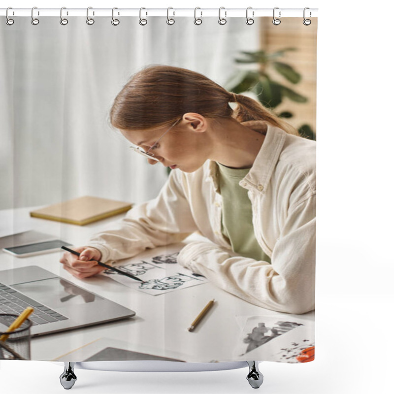 Personality  Young Teenage Girl Drawing With Pencil Near Laptop At Home, E-learning And Art Class Concept Shower Curtains