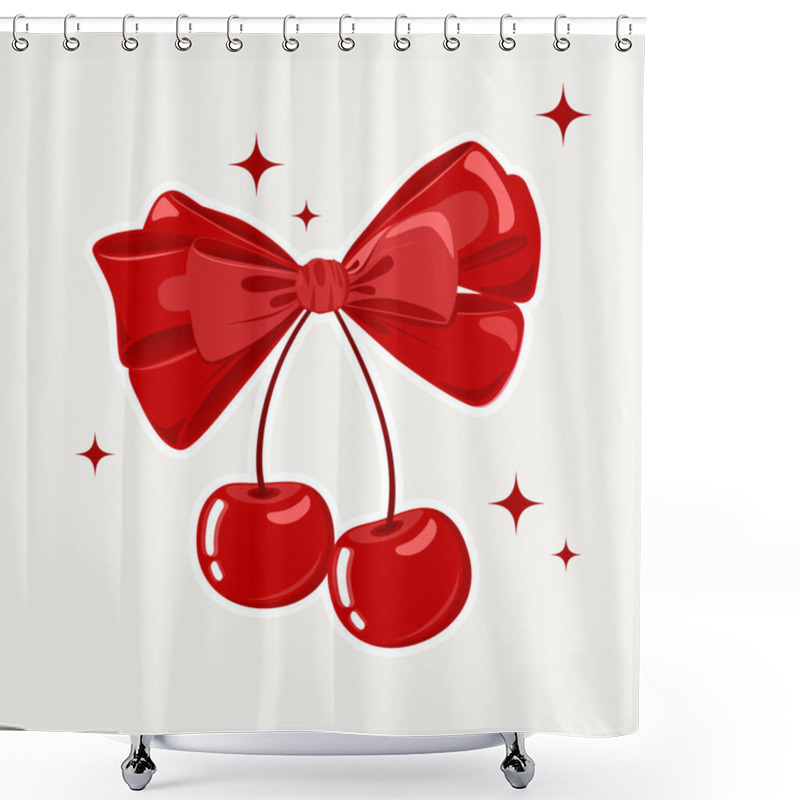 Personality  Romantic Illustration With Sweet Cherry Berries And Scarlet Bow. Coquette Style Design Element Ribbon. Cherry Vector Illustration. Shower Curtains