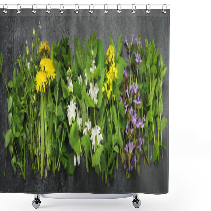 Personality  Edible Plants And Flowers On A Dark Background. Wild Herbs As Sources Of Carotenoids. Flat Lay, Top View, Panorama Shower Curtains