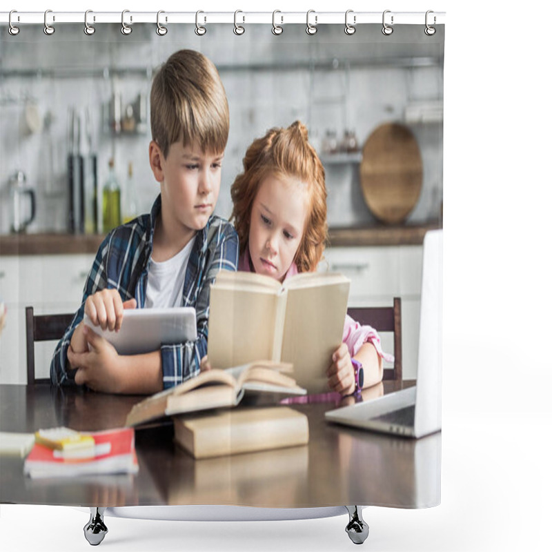 Personality  Concentrated Little Brother And Sister With Devices Reading Book Together Shower Curtains